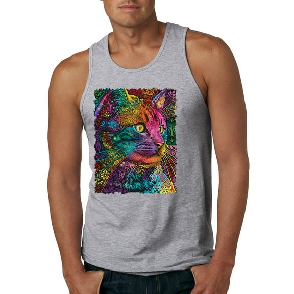 Colorful Cat Portrait | Cat Lover Owner | Dean Russo Art Animal Lover Mens Sleeveless Top, Heather Grey, XL