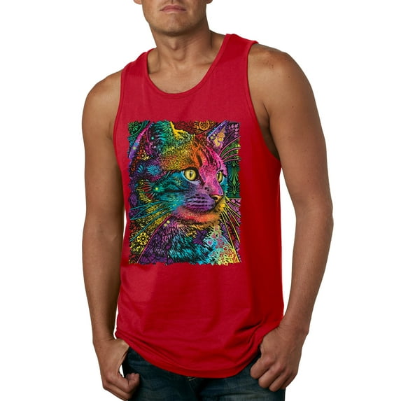 Colorful Cat Portrait | Cat Lover Owner | Dean Russo Art Animal Lover Mens Sleeveless Top, Red, L