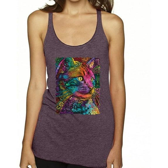 Colorful Cat Portrait | Cat Lover Owner | Dean Russo Art Animal Lover Tri-Blend Racerback Sleeveless Top, Purple Vintage, M