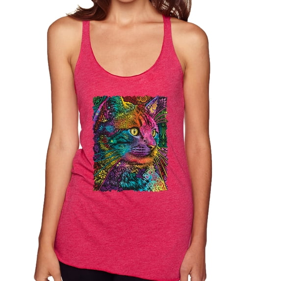 Colorful Cat Portrait | Cat Lover Owner | Dean Russo Art Animal Lover Tri-Blend Racerback Sleeveless Top, Shocking Pink, M