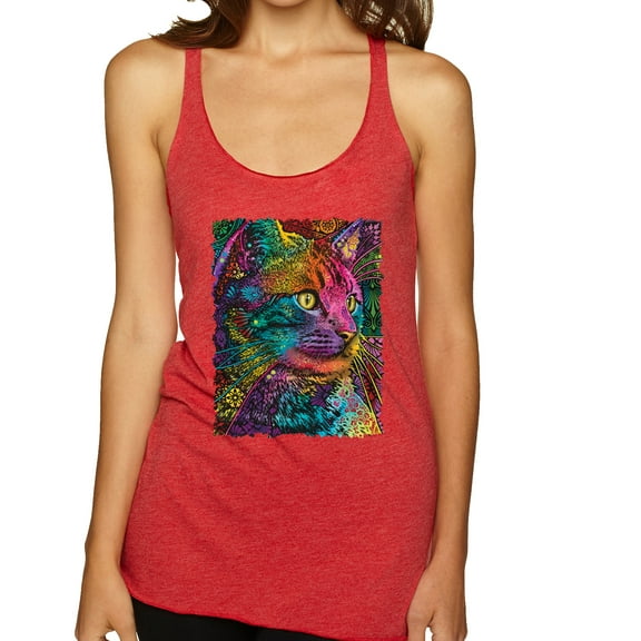 Colorful Cat Portrait | Cat Lover Owner | Dean Russo Art Animal Lover Tri-Blend Racerback Sleeveless Top, Vintage Red, L