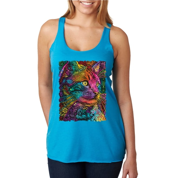 Colorful Cat Portrait | Cat Lover Owner | Dean Russo Art Animal Lover Tri-Blend Racerback Sleeveless Top, Vintage Turquoise, M