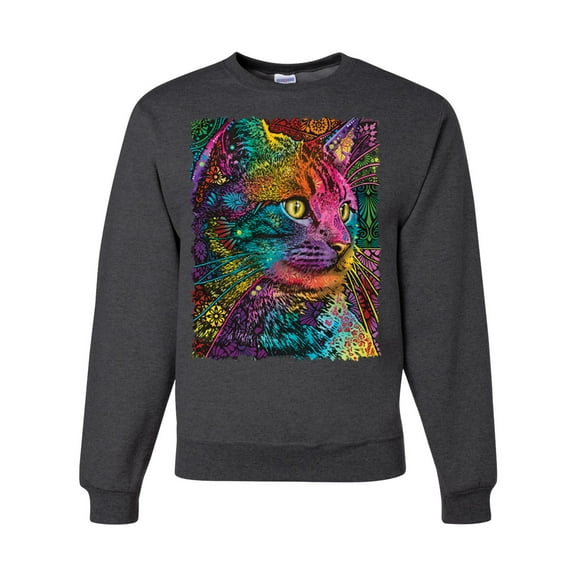 Colorful Cat Portrait | Cat Lover Owner | Dean Russo Art Animal Lover Unisex Crewneck Sweatshirt, Heather Black, S