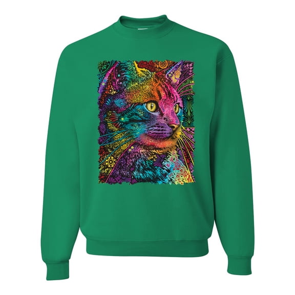 Colorful Cat Portrait | Cat Lover Owner | Dean Russo Art Animal Lover Unisex Crewneck Sweatshirt, Kelly, L