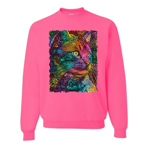 Colorful Cat Portrait | Cat Lover Owner | Dean Russo Art Animal Lover Unisex Crewneck Sweatshirt, Neon Pink, M