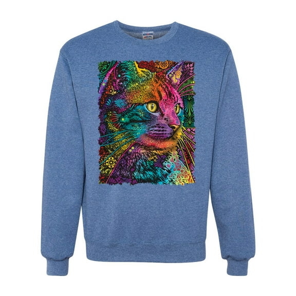 Colorful Cat Portrait | Cat Lover Owner | Dean Russo Art Animal Lover Unisex Crewneck Sweatshirt, Vintage Heather Blue, M