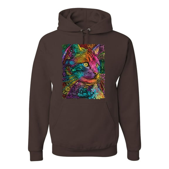 Colorful Cat Portrait | Cat Lover Owner | Dean Russo Art Animal Lover Unisex Hoodie Sweatshirt, Brown, L