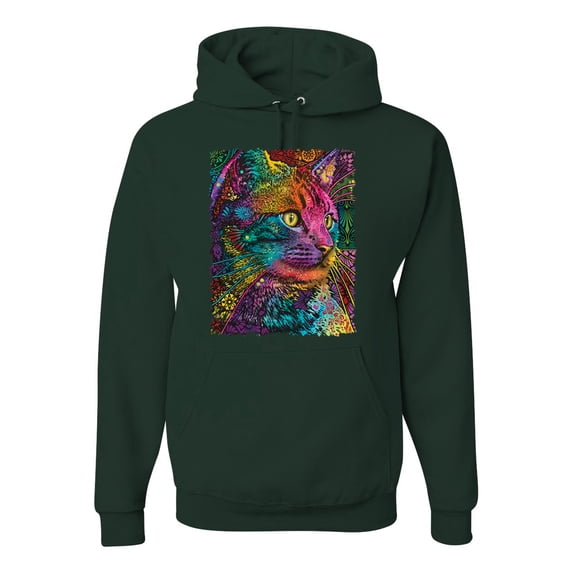 Colorful Cat Portrait | Cat Lover Owner | Dean Russo Art Animal Lover Unisex Hoodie Sweatshirt, Forest Green, M