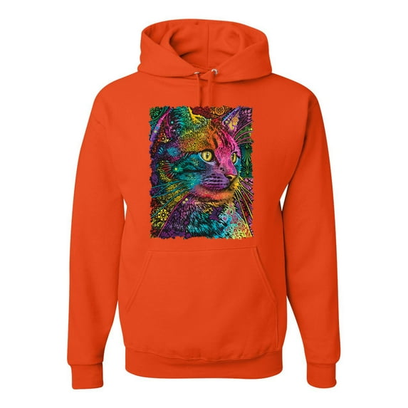 Colorful Cat Portrait | Cat Lover Owner | Dean Russo Art Animal Lover Unisex Hoodie Sweatshirt, Orange, XL