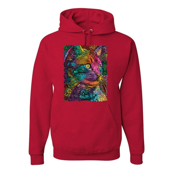 Colorful Cat Portrait | Cat Lover Owner | Dean Russo Art Animal Lover Unisex Hoodie Sweatshirt, Red, 3XL