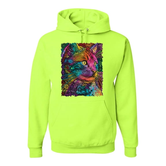 Colorful Cat Portrait | Cat Lover Owner | Dean Russo Art Animal Lover Unisex Hoodie Sweatshirt, Safety Green, XL
