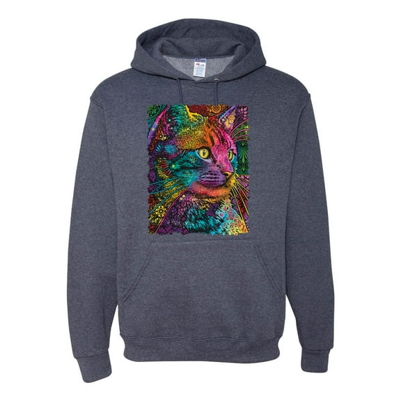 Colorful Cat Portrait | Cat Lover Owner | Dean Russo Art Animal Lover Unisex Hoodie Sweatshirt, Vintage Heather Navy, S