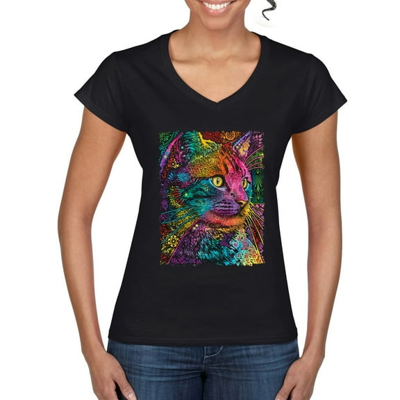 Colorful Cat Portrait | Cat Lover Owner | Dean Russo Art Animal Lover Womenâ€™s Standard V-Neck Tee, Black, S
