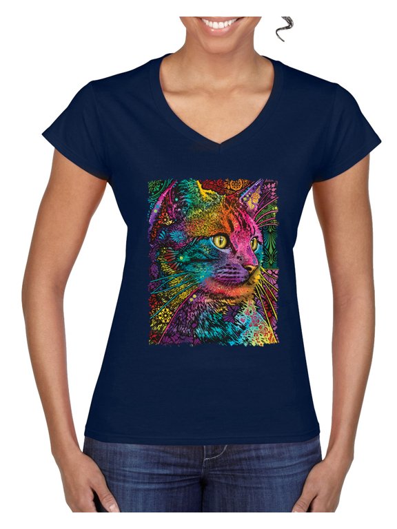 Colorful Cat Portrait | Cat Lover Owner | Dean Russo Art Animal Lover Women’s Standard V-Neck Tee, Navy, XL