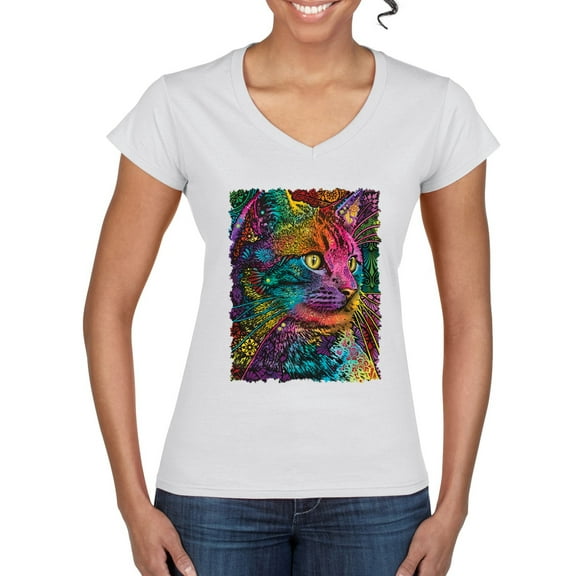 Colorful Cat Portrait | Cat Lover Owner | Dean Russo Art Animal Lover Women's Standard V-Neck Tee, White, XL