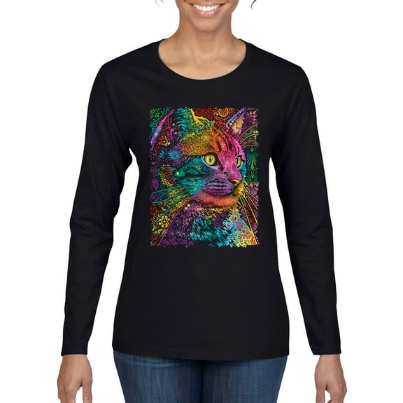 Colorful Cat Portrait | Cat Lover Owner | Dean Russo Art Animal Lover Womens Long Sleeve T-Shirt, Black, 2XL