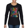 thumbnail image 1 of Colorful Cat Portrait | Cat Lover Owner | Dean Russo Art Animal Lover Womens Long Sleeve T-Shirt, Black, XL, 1 of 5