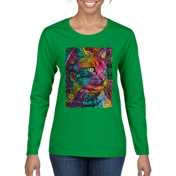 Colorful Cat Portrait | Cat Lover Owner | Dean Russo Art Animal Lover Womens Long Sleeve T-Shirt, Kelly, XL