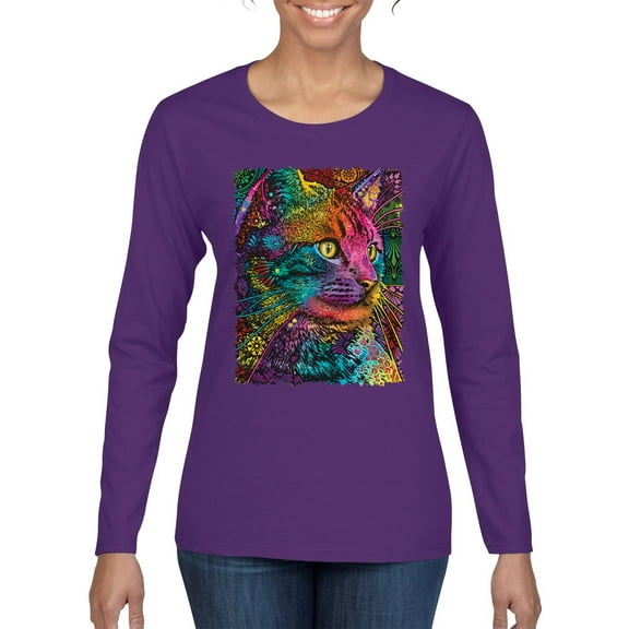 Colorful Cat Portrait | Cat Lover Owner | Dean Russo Art Animal Lover Womens Long Sleeve T-Shirt, Purple, M