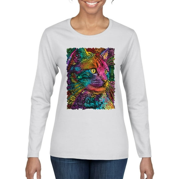 Colorful Cat Portrait | Cat Lover Owner | Dean Russo Art Animal Lover Womens Long Sleeve T-Shirt, White, L