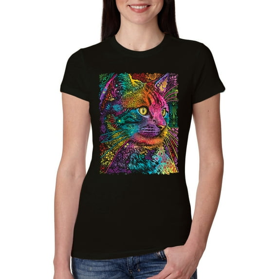 Colorful Cat Portrait | Cat Lover Owner | Dean Russo Art Animal Lover Womens Slim Fit Junior Tee, Black, S