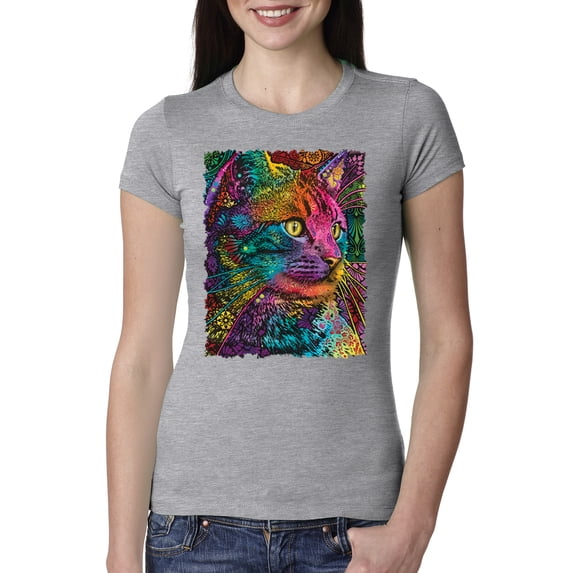 Colorful Cat Portrait | Cat Lover Owner | Dean Russo Art Animal Lover Womens Slim Fit Junior Tee, Heather Grey, XL