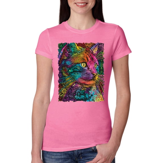 Colorful Cat Portrait | Cat Lover Owner | Dean Russo Art Animal Lover Womens Slim Fit Junior Tee, Hot Pink, S