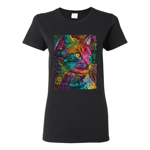 Colorful Cat Portrait | Cat Lover Owner | Dean Russo Art Animal Lover Womens T-Shirt, Black, XL