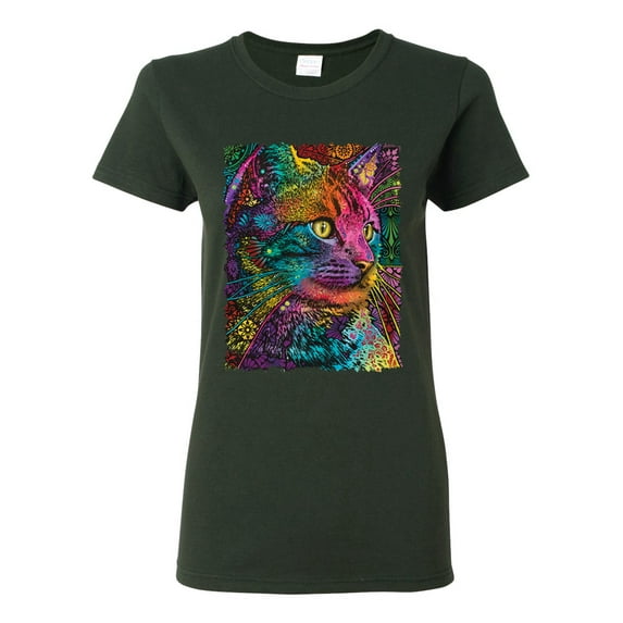 Colorful Cat Portrait | Cat Lover Owner | Dean Russo Art Animal Lover Womens T-Shirt, Forest Green, 3XL