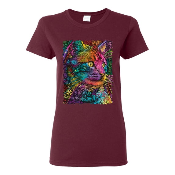 Colorful Cat Portrait | Cat Lover Owner | Dean Russo Art Animal Lover Womens T-Shirt, Maroon, 2XL