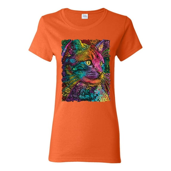 Colorful Cat Portrait | Cat Lover Owner | Dean Russo Art Animal Lover Womens T-Shirt, Orange, 2XL