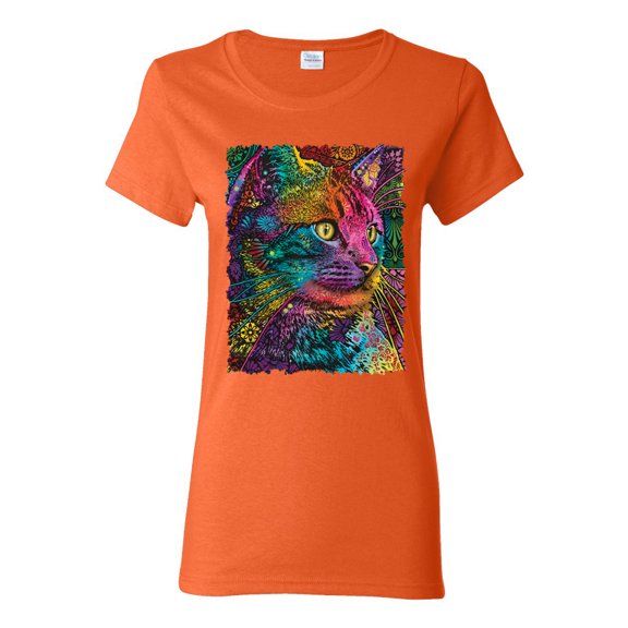 Colorful Cat Portrait | Cat Lover Owner | Dean Russo Art Animal Lover Womens T-Shirt, Orange, S