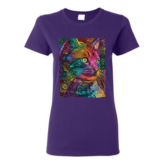Colorful Cat Portrait | Cat Lover Owner | Dean Russo Art Animal Lover Womens T-Shirt, Purple, M