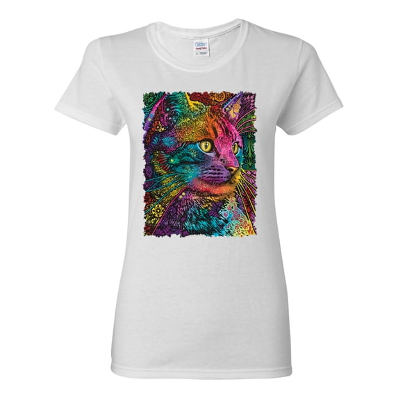 Colorful Cat Portrait | Cat Lover Owner | Dean Russo Art Animal Lover Womens T-Shirt, White, L