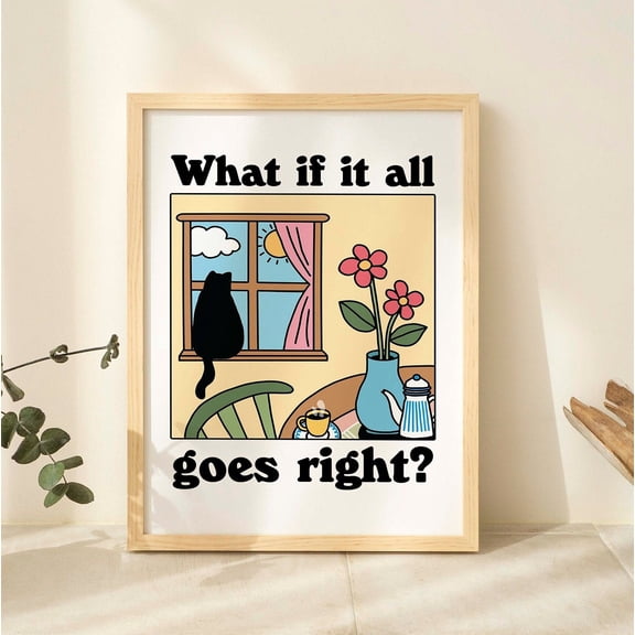Colorful Cat Print, What If It All Goes Right Quote Poster, Chat Noir Print, Retro Cat Poster, Bistro Coffee Posters, Eclectic Art, Poster Only