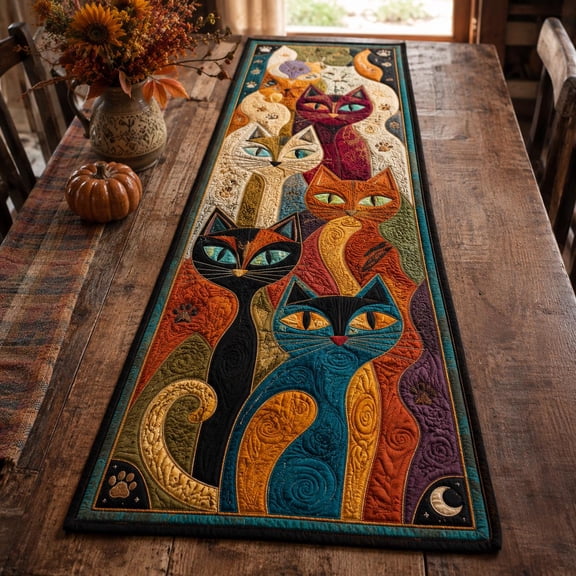 Colorful Cat Quilted Table Runner, Whimsical Feline Patchwork Decor