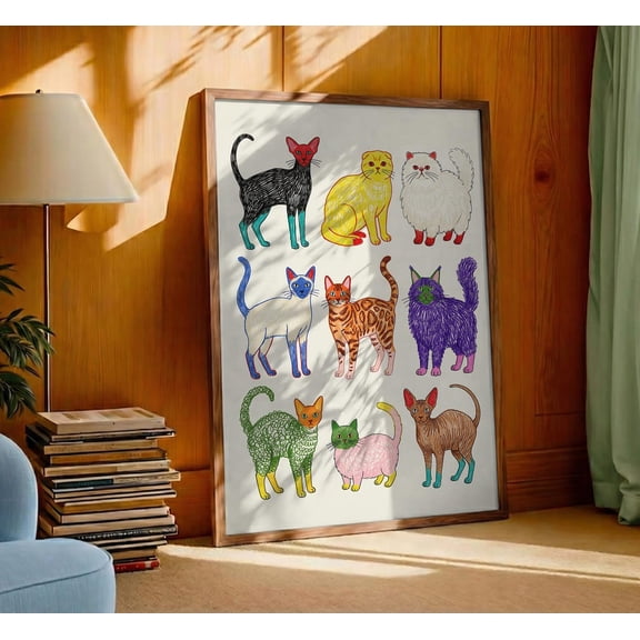 Colorful Cat Scribble Wall Art Print, Unframed Paper Poster 8x10in