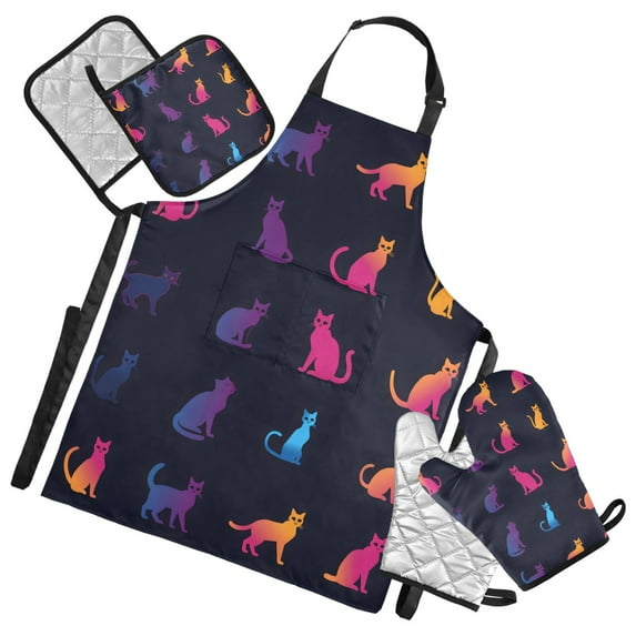 Colorful Cat Silhouette 5 Pcs Kitchen Set Heat Resistant Oven Mitts and Non-Slip Pot Holders with Adjustable Cooking Apron