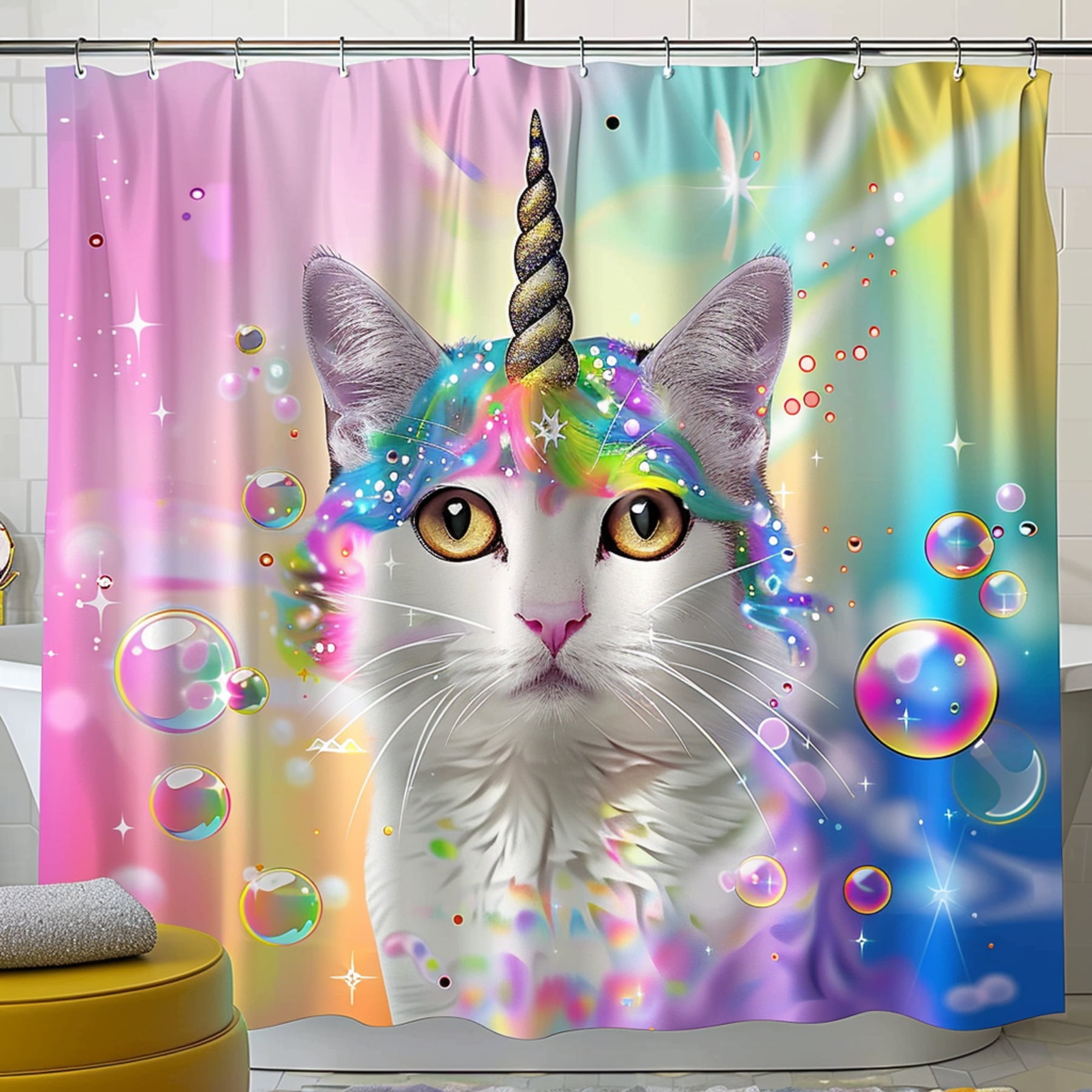 Colorful Cat Unicorn Shower Curtain with Rainbow Hair and Sparkling 