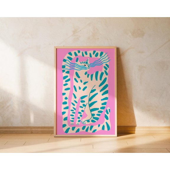Colorful Cat Wall Art Hand Drawn Whimsical Nursery Playroom Unframed Paper Print