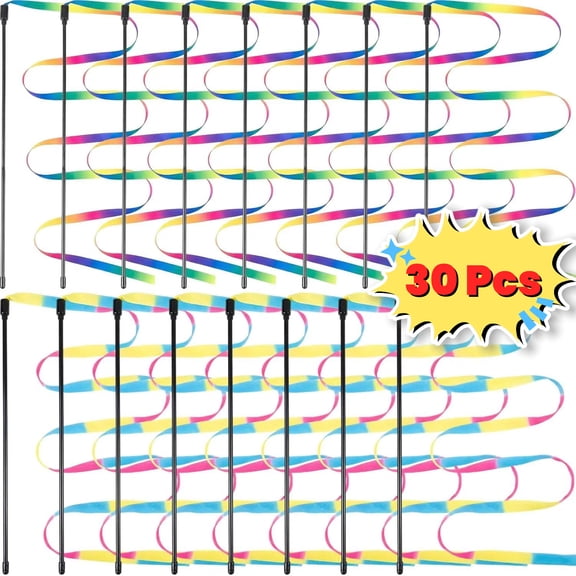 Colorful Cat Wand Toys Interactive Rainbow Ribbon Fabric Teaser Wand String for Indoor Cats and Kitten Exercise Playing - 30Pcs