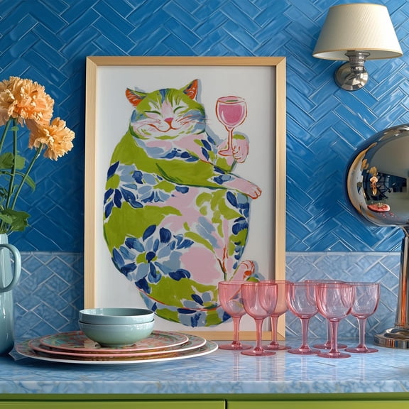 Colorful Cat Wine Art Print, Whimsical Floral Feline Decor, Funny Pet, Unframed Paper Print Size 16x24