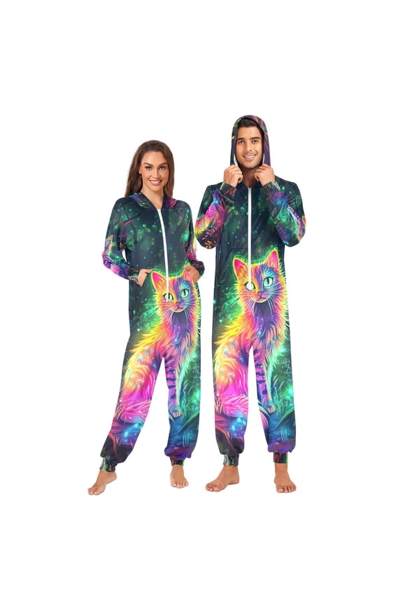 Colorful Cat in Forest Adult Onesie Pajamas Slim Fit Christmas One Piece Suit Pjs for Women and Men Hooded Zipper