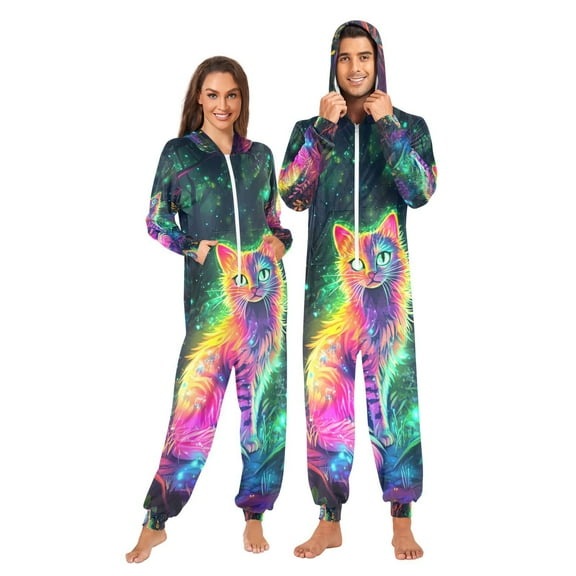 Colorful Cat in Forest Adult Onesie Pajamas Slim Fit Christmas One Piece Suit Pjs for Women and Men Hooded Zipper