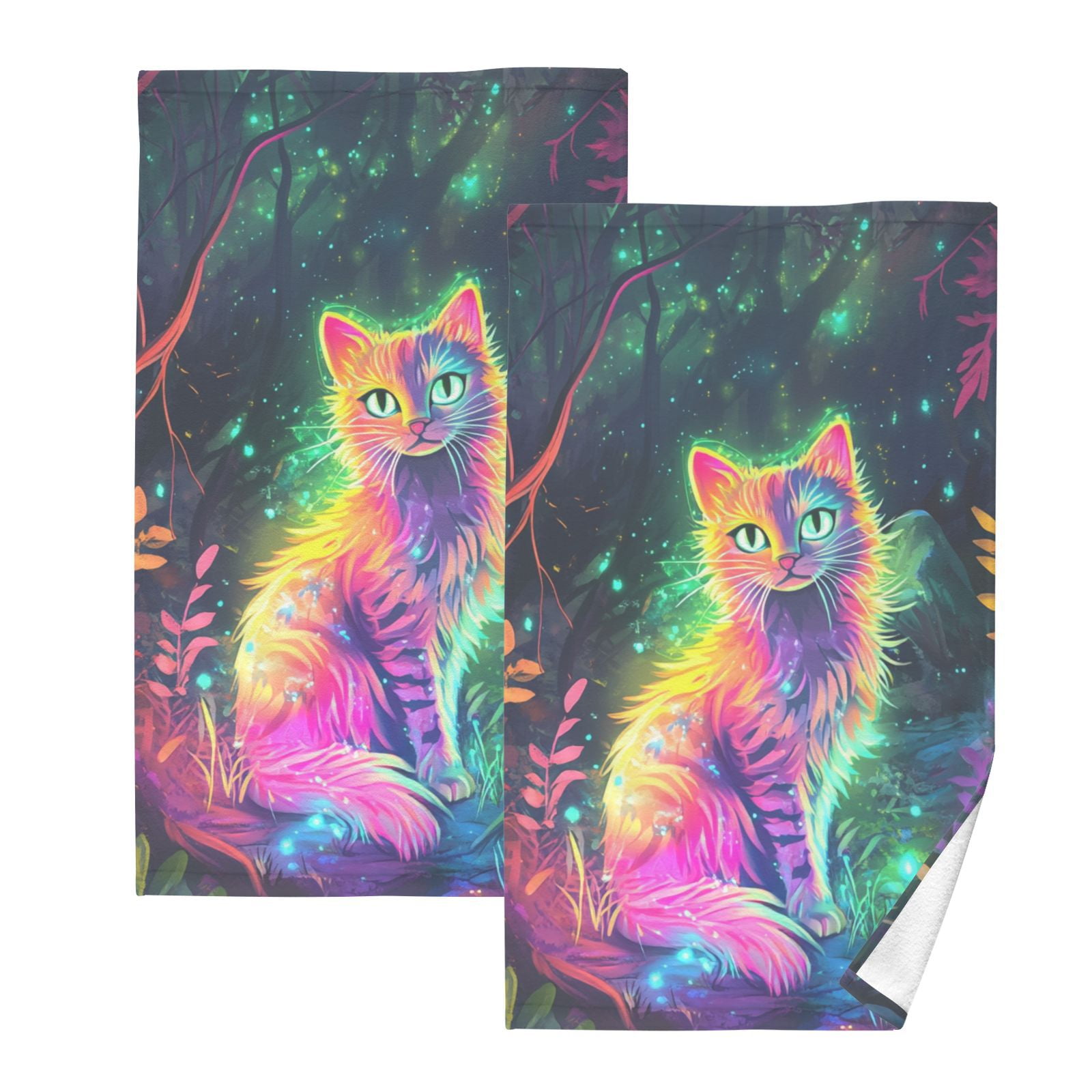 Colorful Cat in Forest Hand Towels Cotton Bath Towels Large Face Towels Absorbent for Bathroom 2 Packs