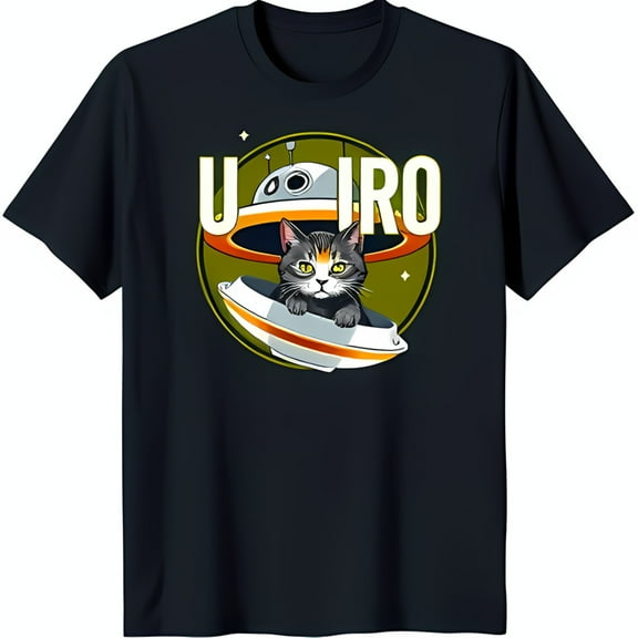 Colorful Cat in UFO Graphic Black T-Shirt Fun & Unique Design