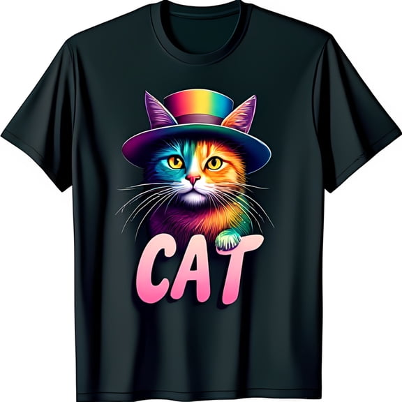 Colorful Cat with Rainbow Hat Black T-Shirt Bold Pink CAT Design