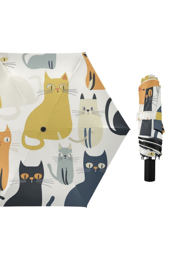 Colorful Cats All Weather Umbrella Triple Folding Parasol 6 Ribs UV Protection Portable