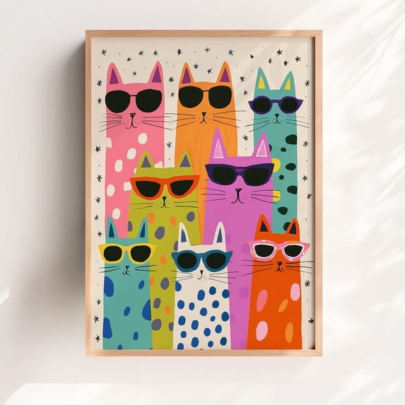 Colorful Cats Art Print: Funny Nursery, Playroom Decor, Stretched Canvas 8x10in