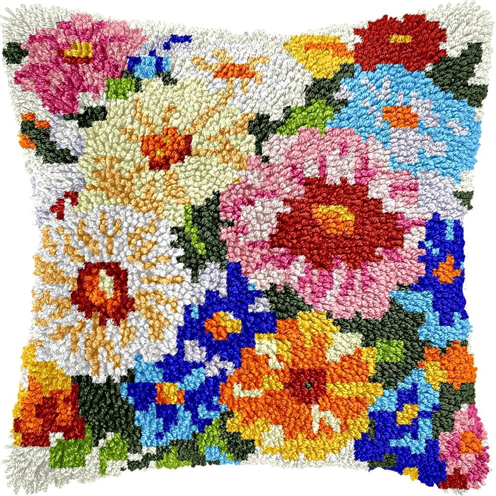 Colorful Cats Latch Hook Kits Pillow DIY Pillowcase Crochet Hook Cushion Making Kits with Preprinted Pattern Canvas Instruction Yarns Pillow Cover Easy Starter DIY Crochet Kits 43x43cm（L60)